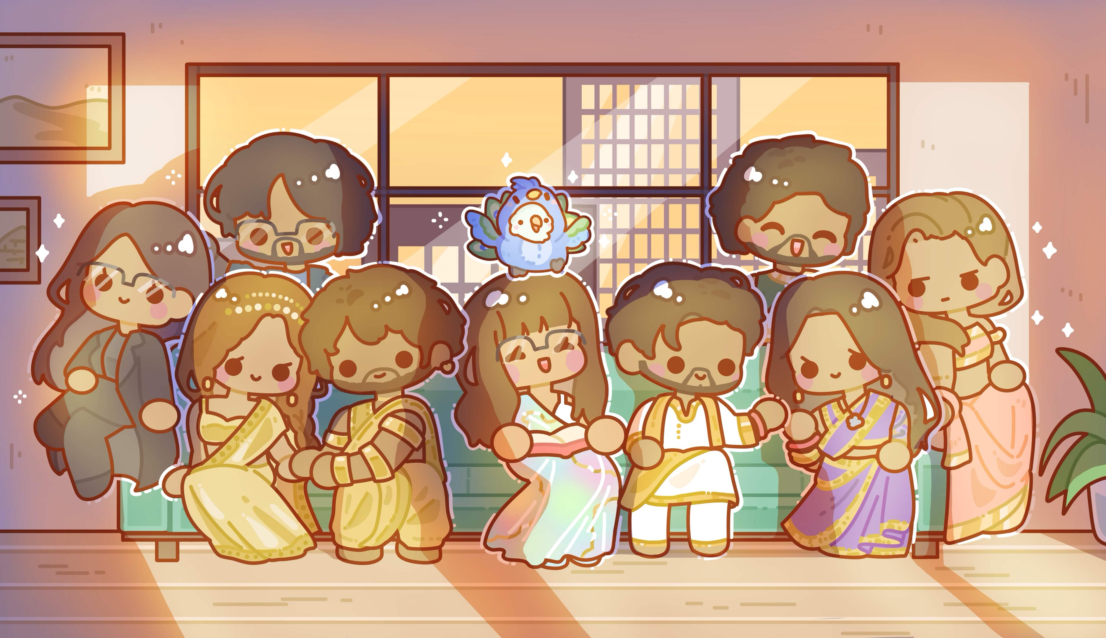 Warm chibi-style cast scene gathered around a blue peacock mascot.