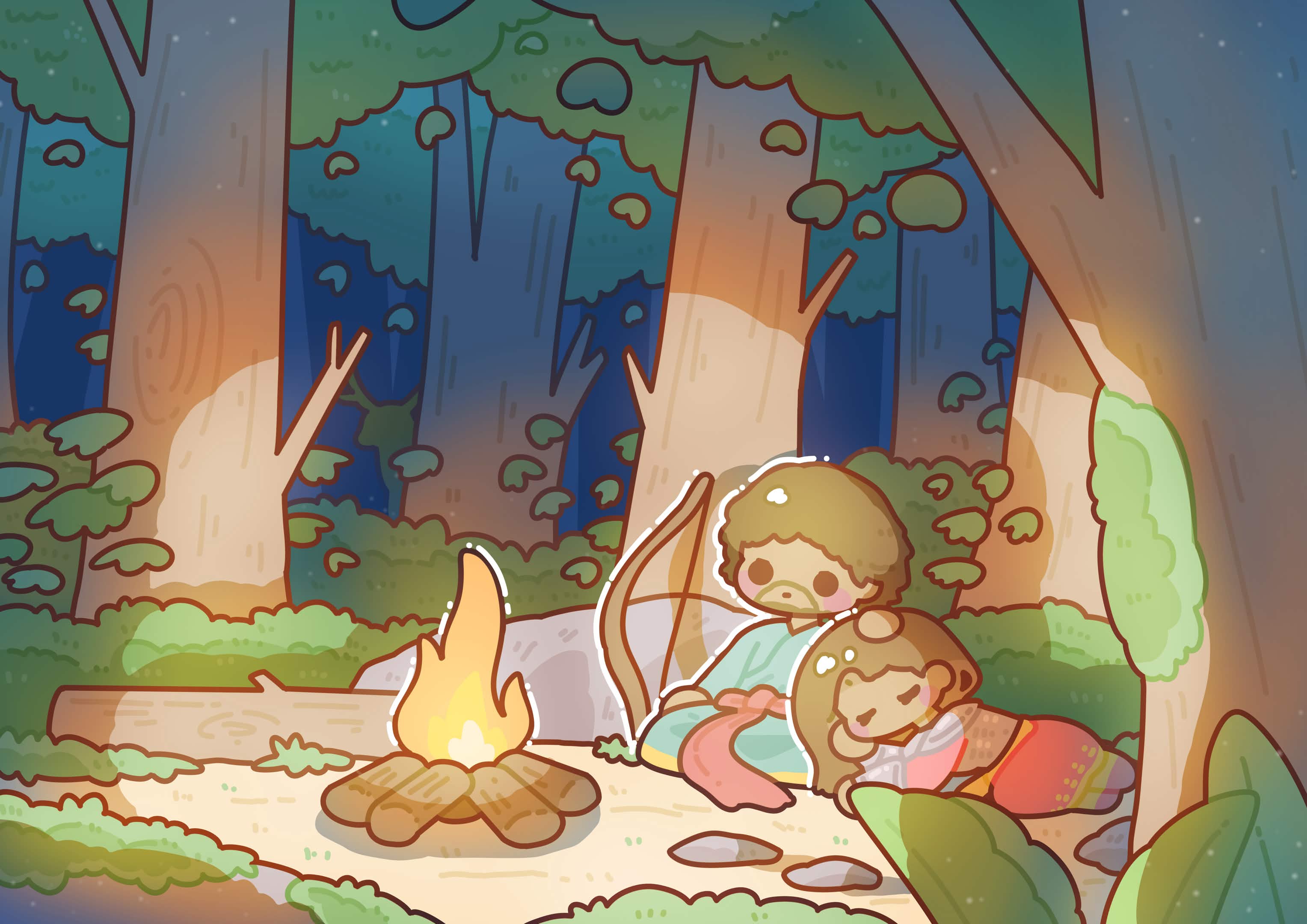 Chibi-style forest campsite scene with two figures beside a campfire.