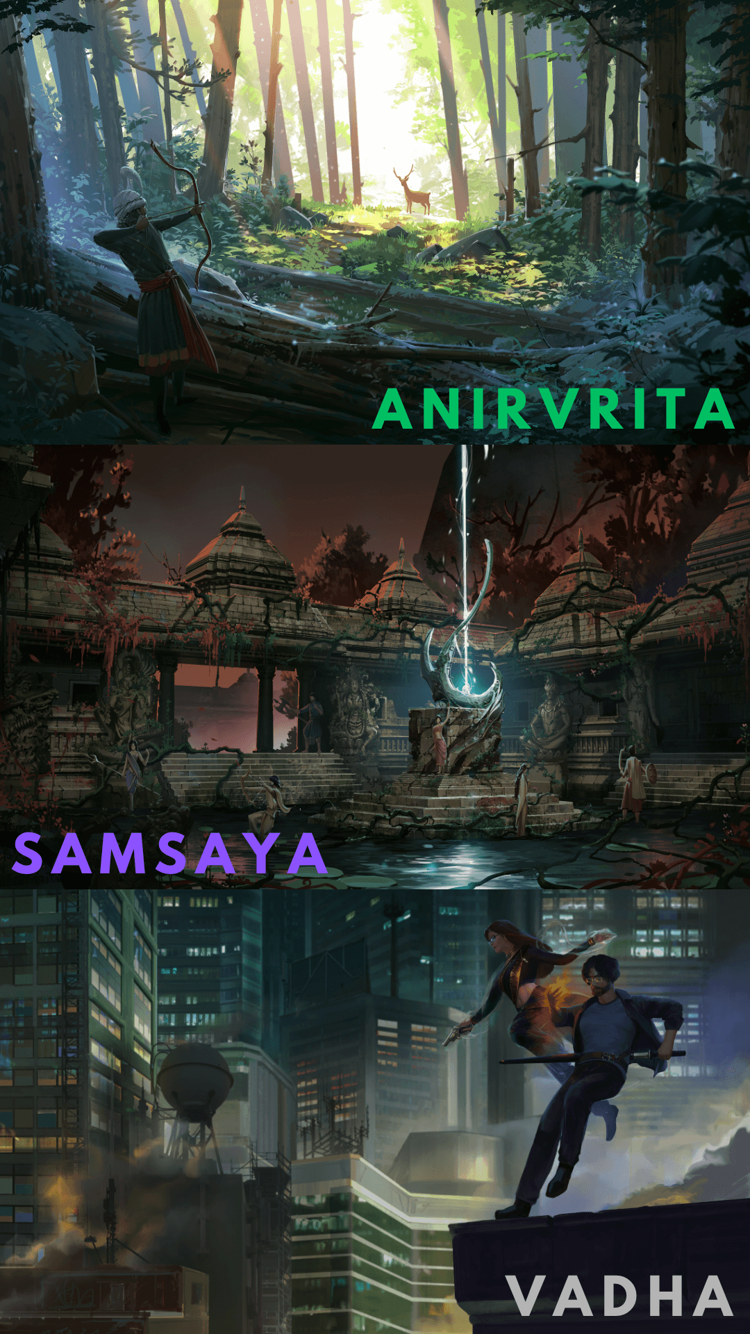 A vertical collage labeled Anirvrita, Samsaya, and Vadha.
