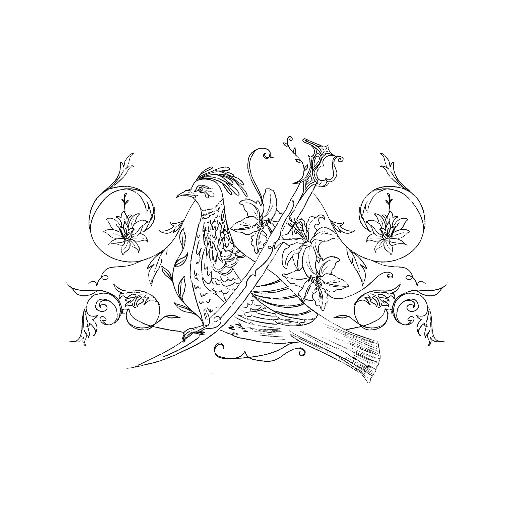 Black line art of a bird, curved blade, flowers, and scrollwork.