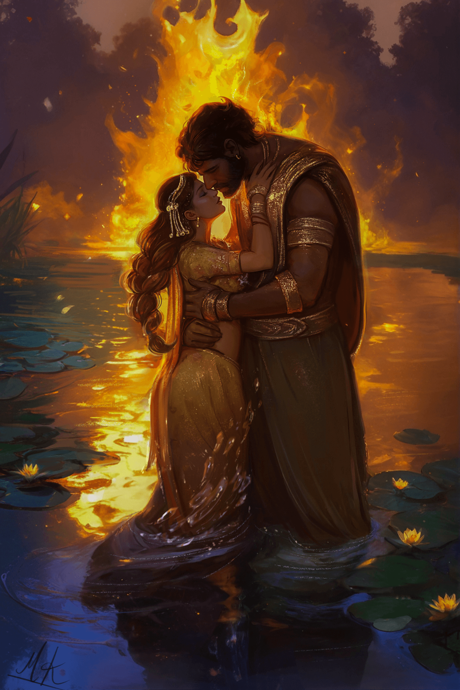 Painted couple embracing in water before a wall of fire, used as Yashie story-world art.