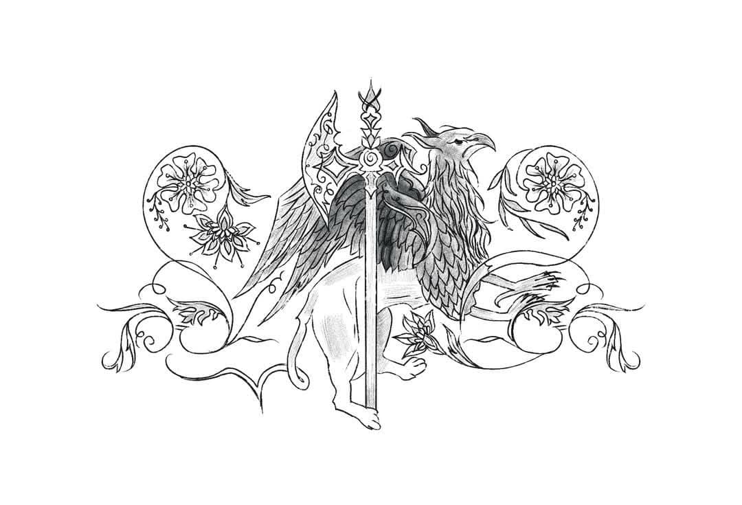 Black line art of a griffin wrapped around a vertical sword.