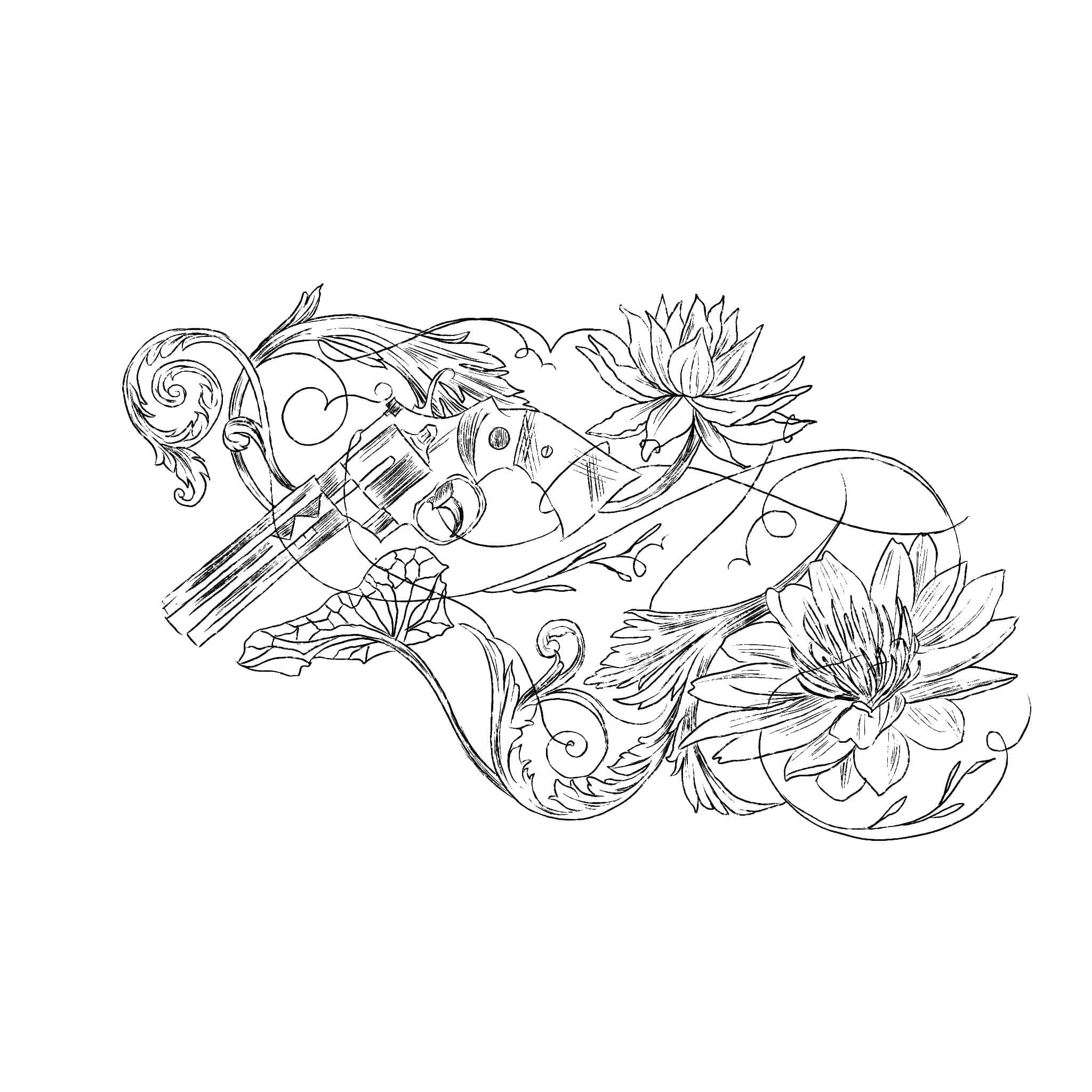 Black line art of an ornamental blade with lotus flowers.
