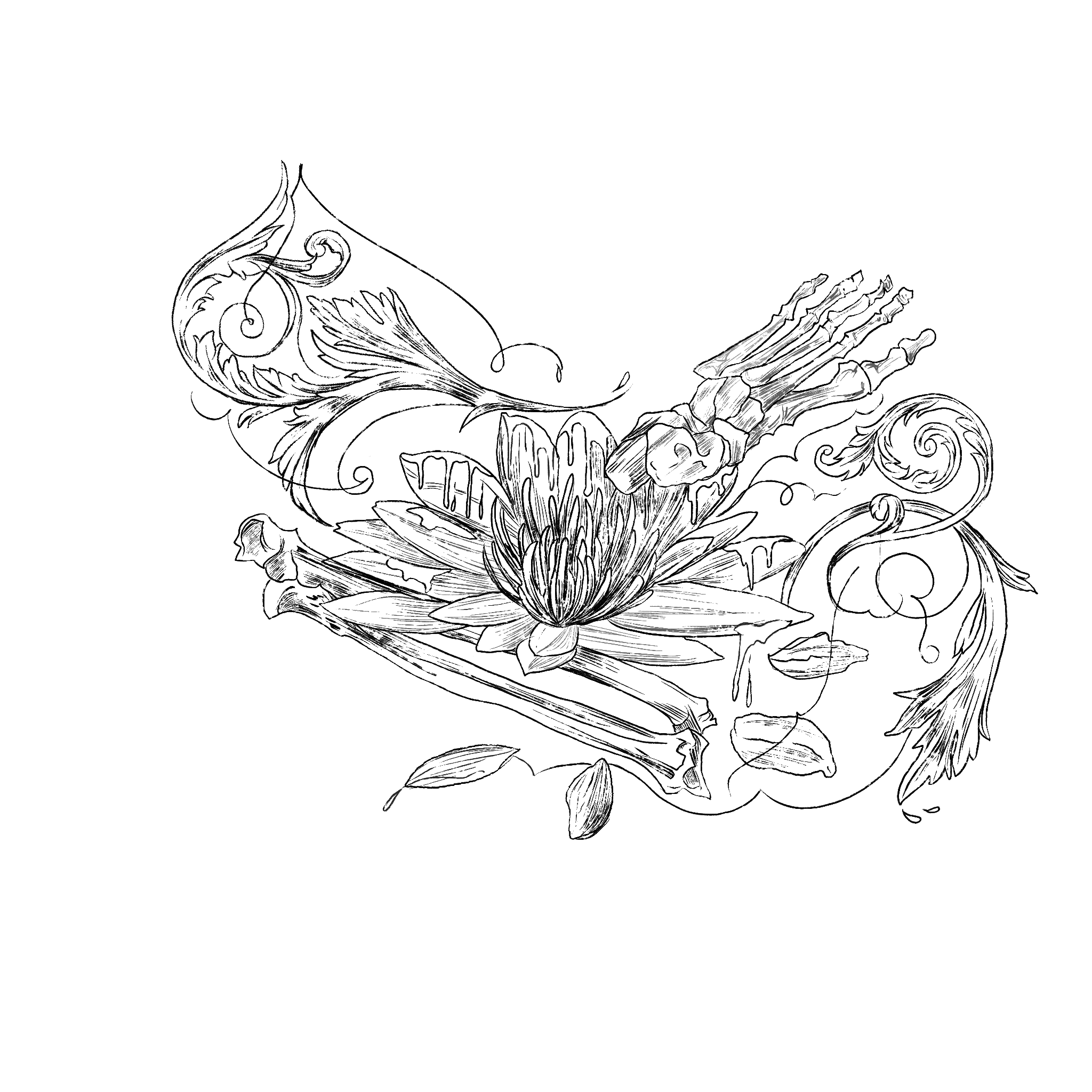 Black line art of a skeletal hand reaching through lotus ornament.