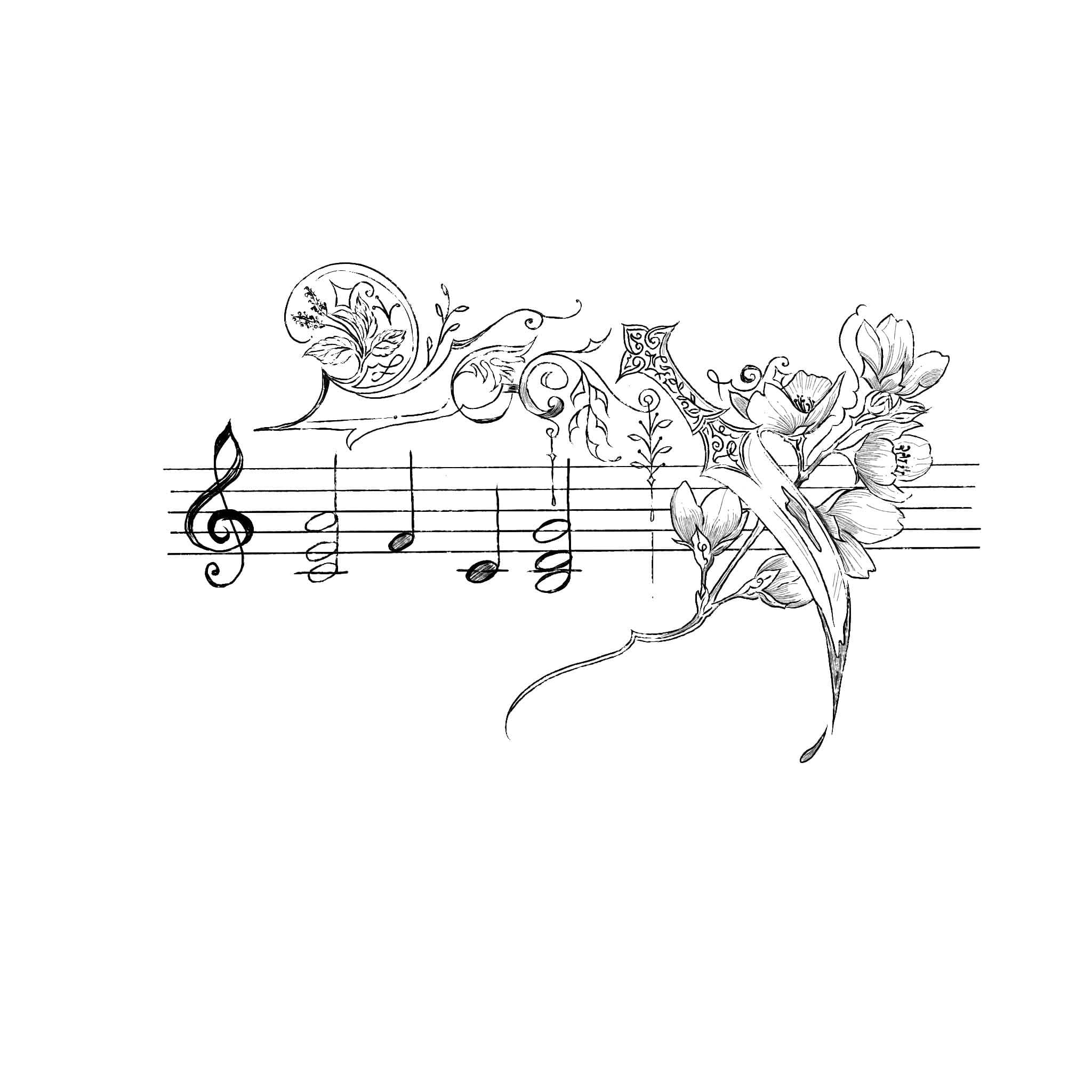 Black line art of music notes, a bird, flowers, and ornamental flourishes.