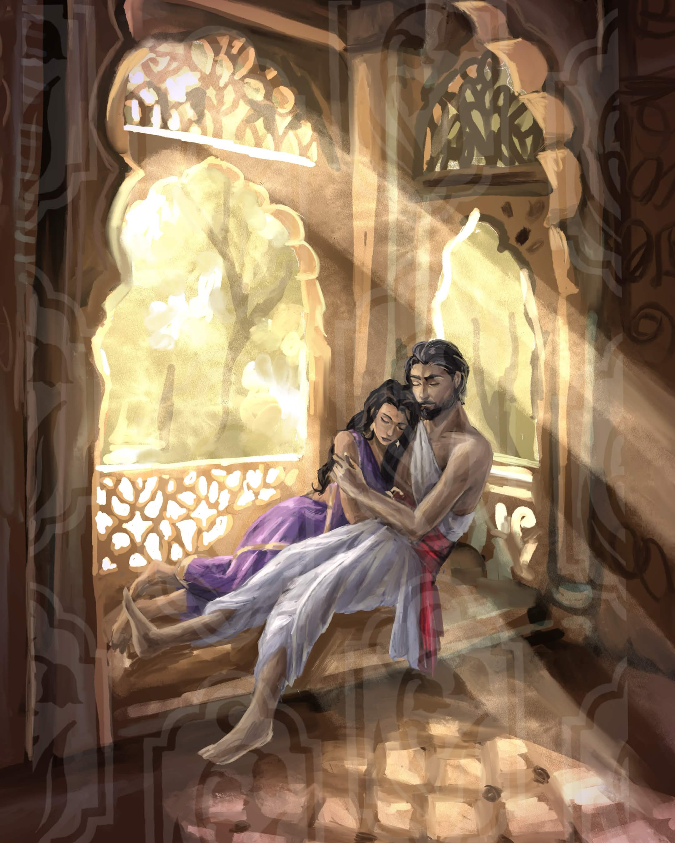 Painted couple seated together in warm palace window light.