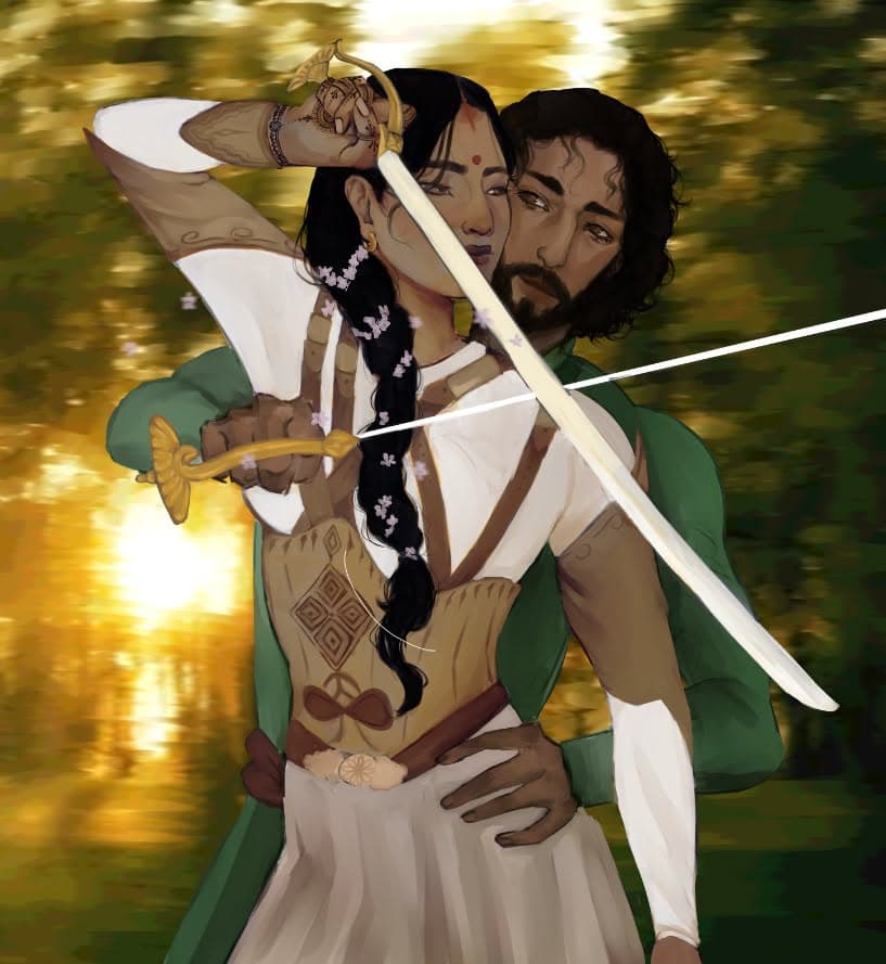 Illustrated couple holding swords against a golden water background.