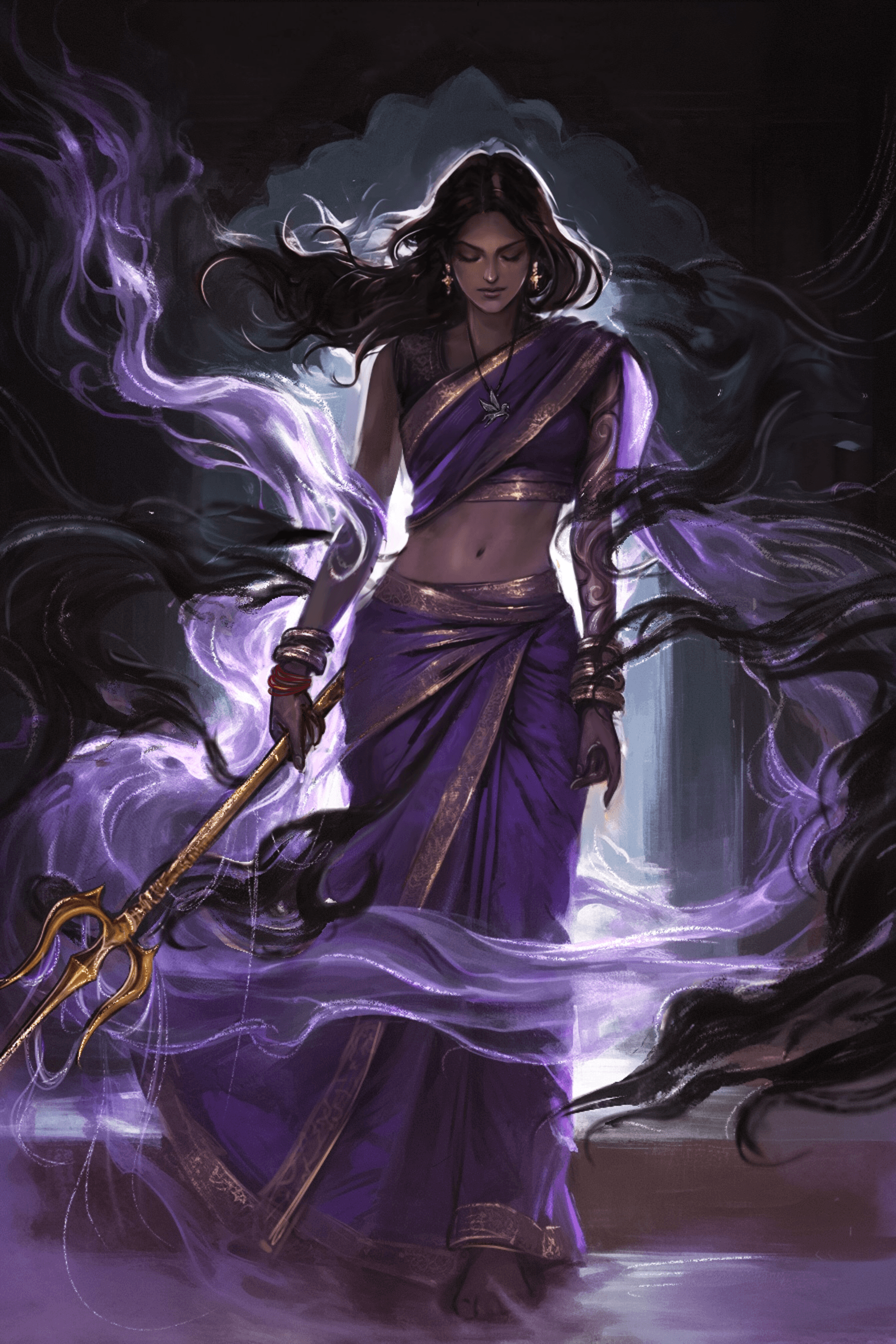 Purple fantasy portrait of a woman holding a golden trident.
