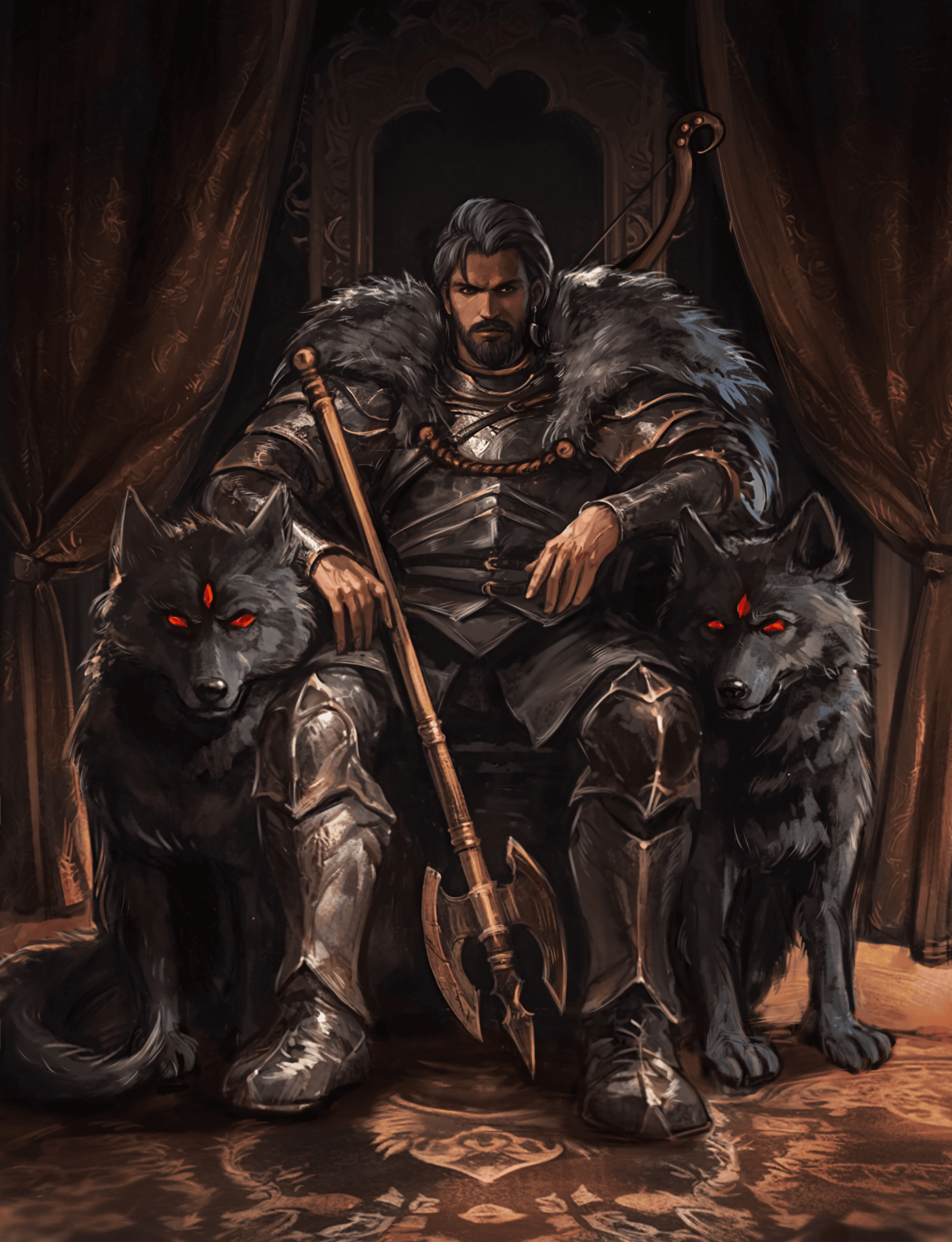 Dark fantasy warrior seated on a throne between two black wolves.